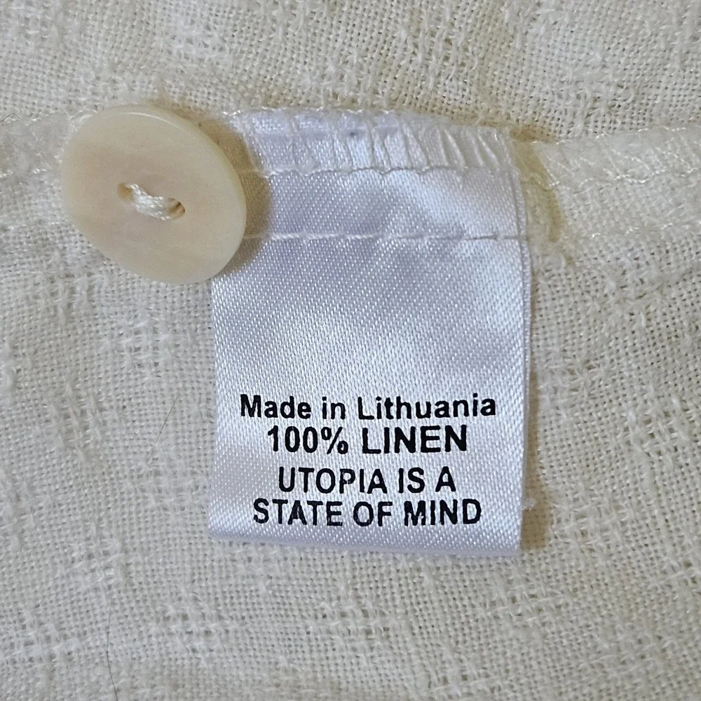 Flax Shift Dress Women's L Cream Textured 100% Linen Button Fairy Coastal Beachy